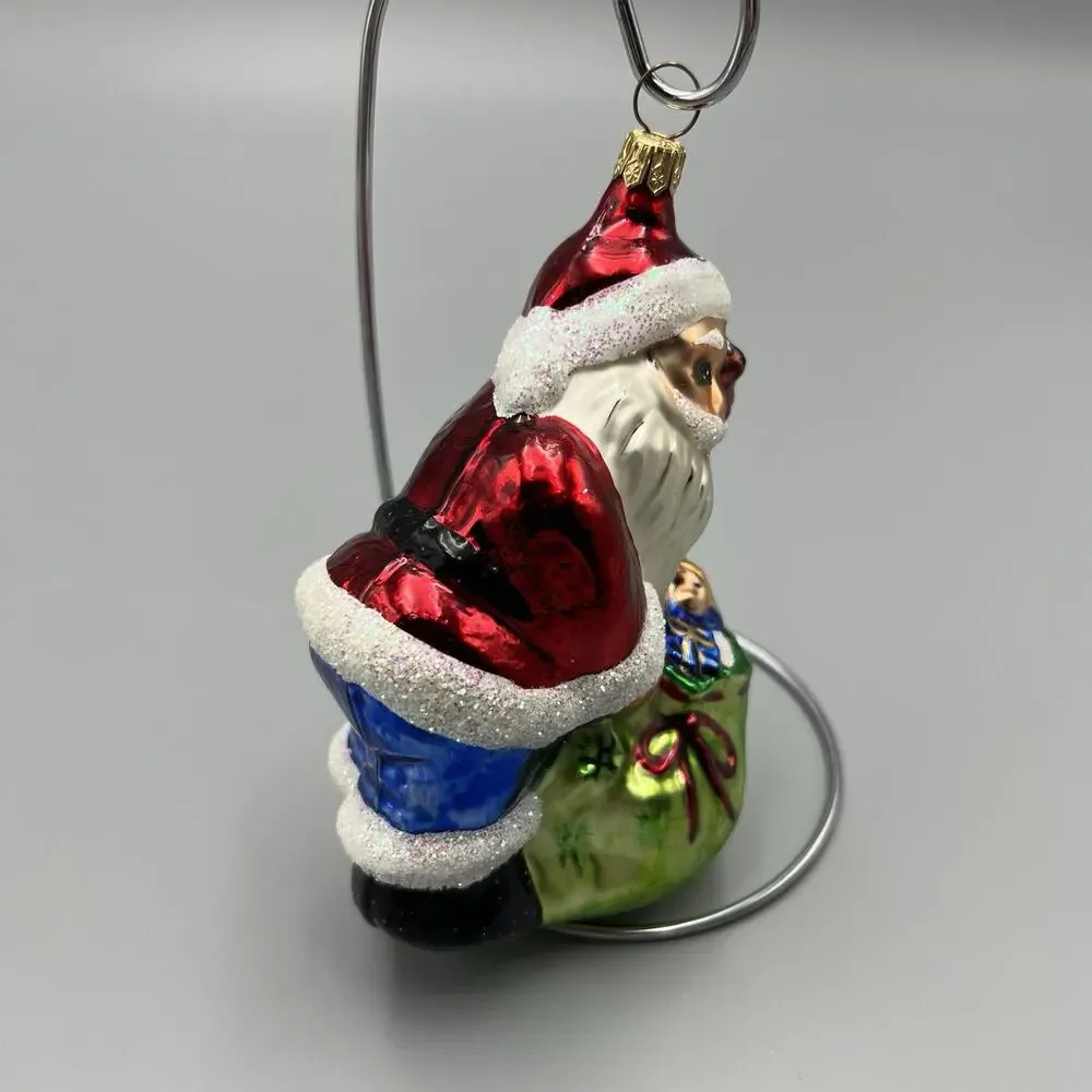 Christopher Radko Bundle Of Toys Christmas‎ Ornament Santa Glass Green Bag 5.5”